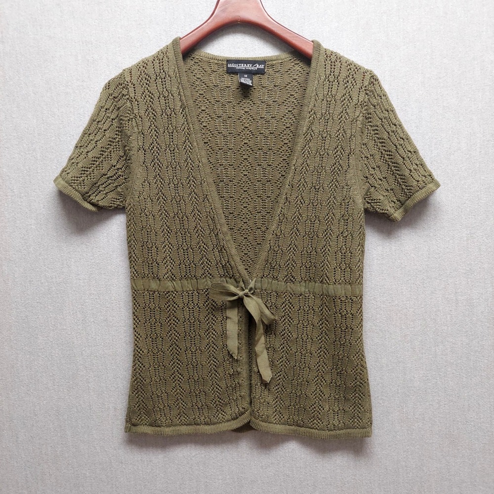Monterey Bay Pointelle Knit Cardigan M Olive Green Tie Cottagecore‎ Boho Y2K